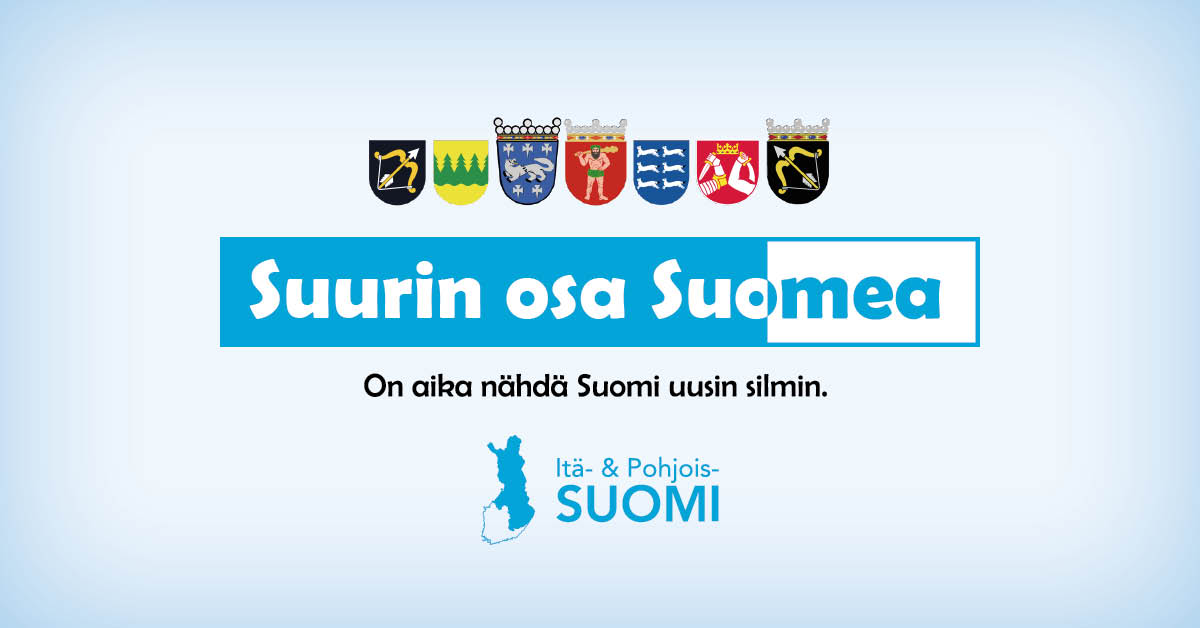 Suurin osa Suomea -teksti ja Itä- ja Pohjois-Suomen maakuntien vaakunat.