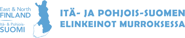 Itä- ja Pohjois-Suomen elinkeinot murroksessa tunnus, jossa Itä- ja Pohjois-Suomen maakunnat erottuvat Suomen kartalla sinisellä värillä.