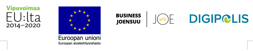 Kuvassa on Vipuvoimaa EU:lta, Euroopan Unionin aluekehitysrahaston, Business Joensuun ja Digipoliksen logot