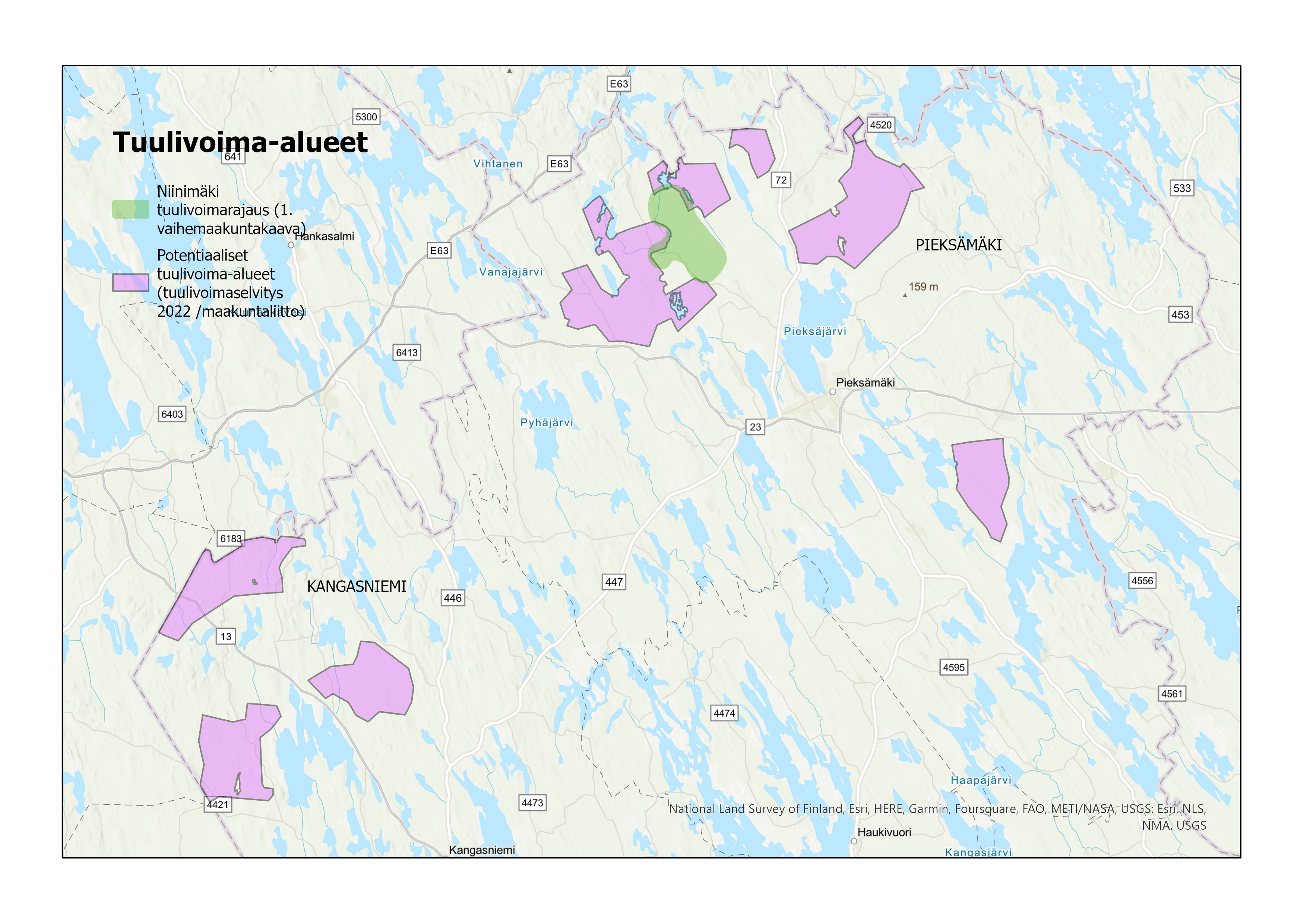 Kartta tuulivoimalle osoitetuista alueista Pieksämäellä ja Kangasniemellä.
