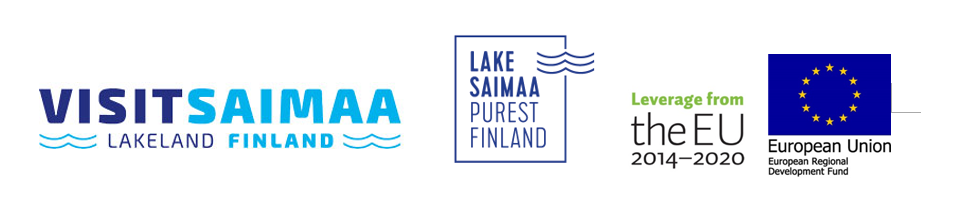 Kuvassa on neljä logoa: Visit Saimaa, Lake Saimaa Purest Finand, EU -hankelogo ja Euroopan unionin logo.
