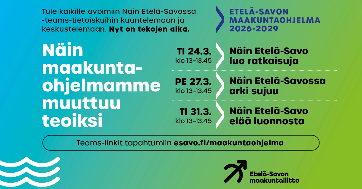Tietoiskussa tarkastellaan Etelä-Savon maakuntaohjelman tavoitteita ja toimenpiteitä strategisten kärkiemme metsän, veden ja ruoan sekä luonnonvarojen kestävän hyödyntämisen näkökulmista. 